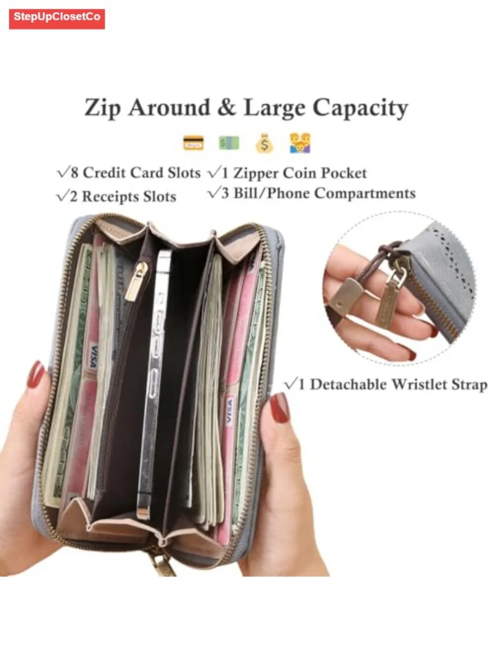 Women's RFID Blocking Zip Around Wristlet Clutch Wallet with Detachable Strap